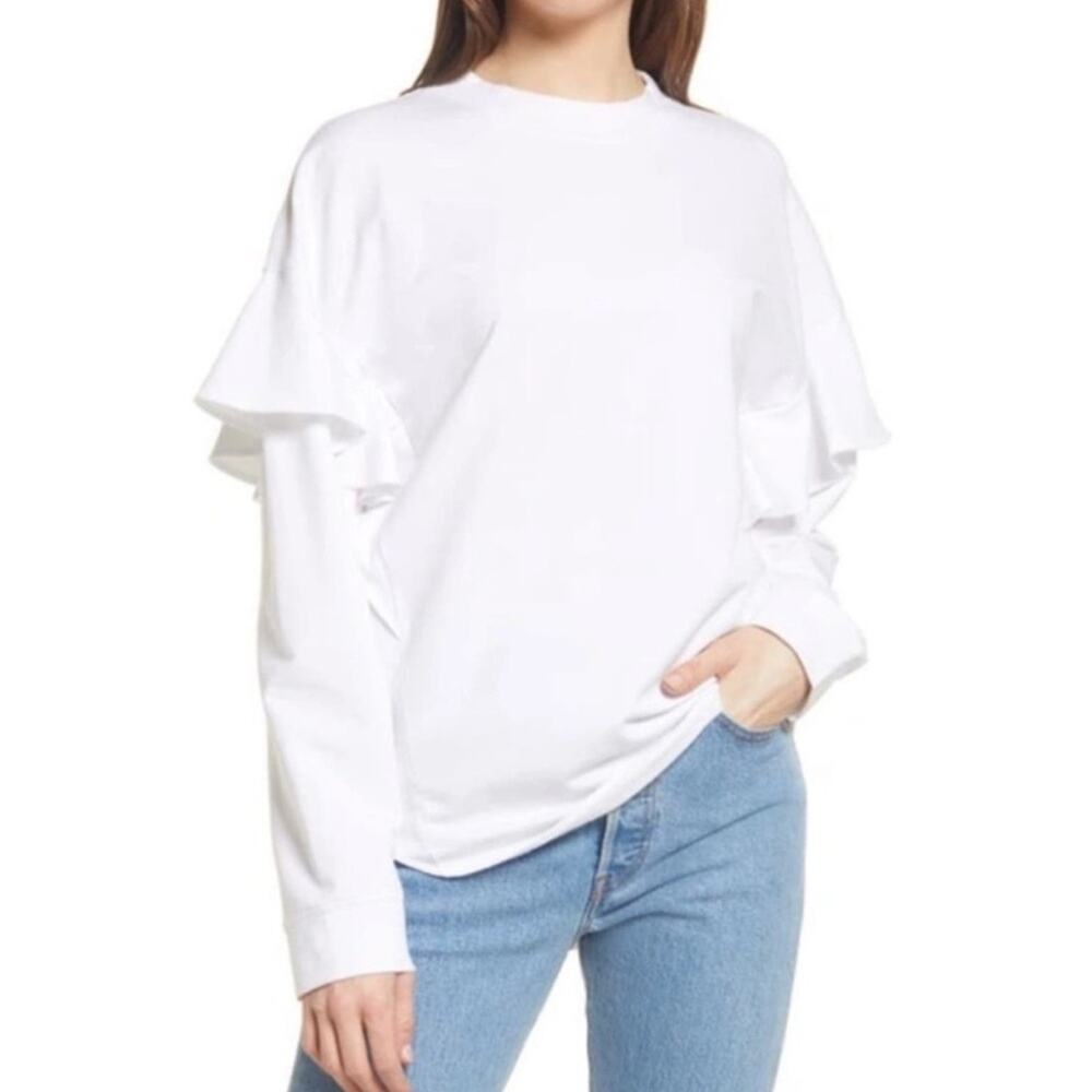 NWT Open Edit White Ruffle Sweatshirt Pullover Crew Neck Long Sleeve Medium